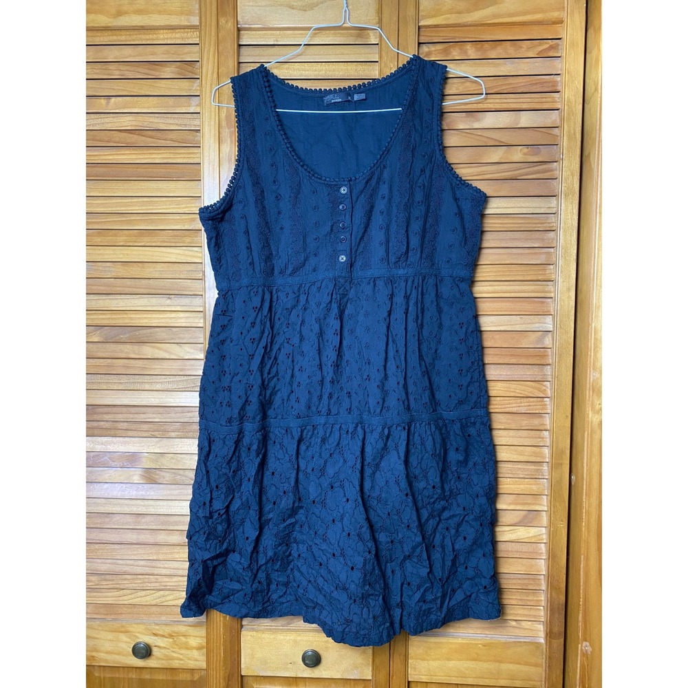 Prana Black Cotton Eyelet Tiered Babydoll Dress Womens XL Sleeveless Pom‎ Trim